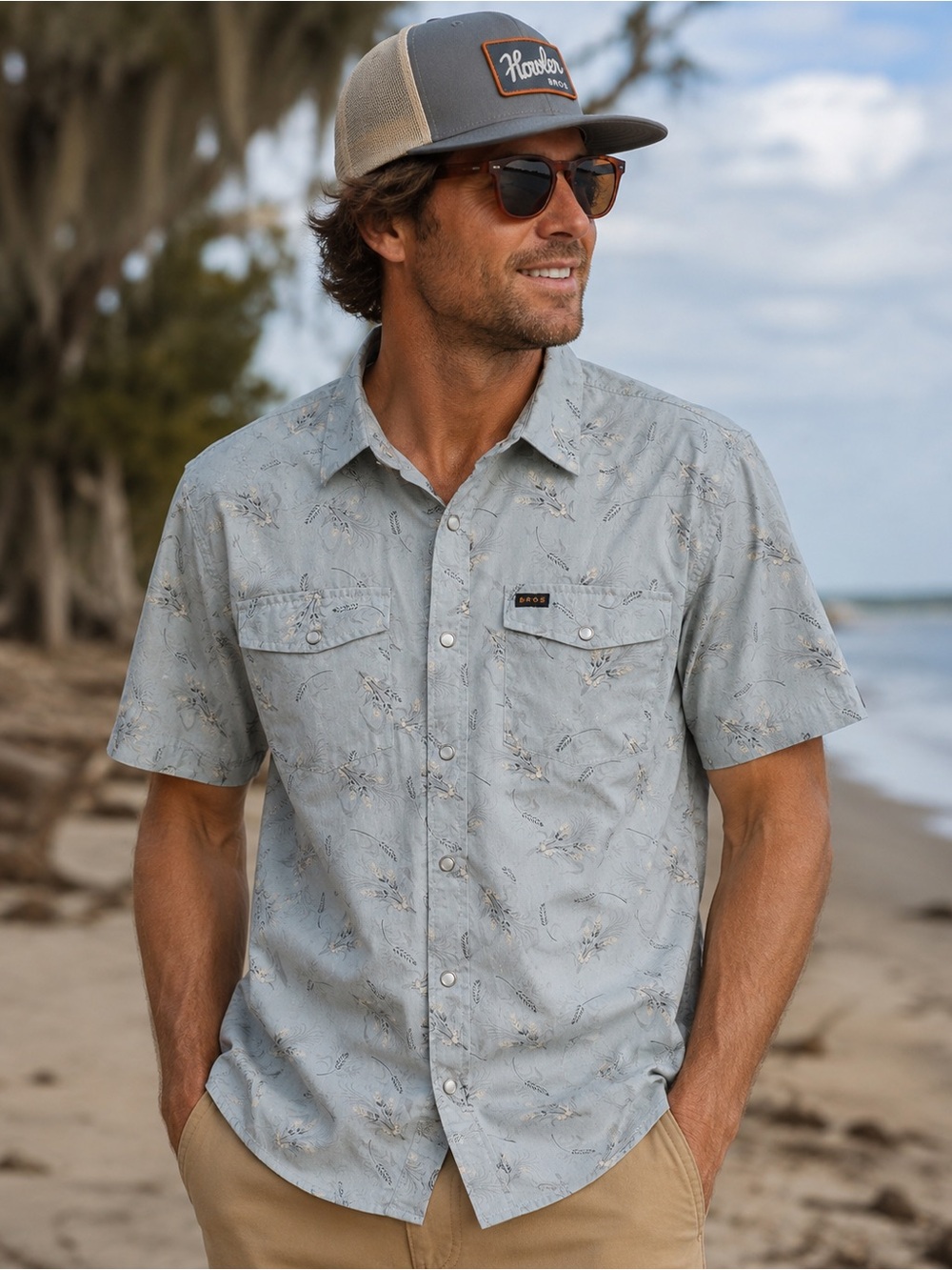 Howler bros light blue wheat western snap short sleeve shirt
